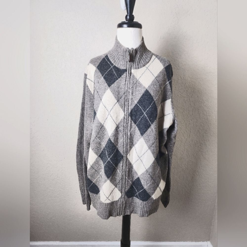J. Crew Lambwools Argyle Zip-Up Elbow Patch Sweater Cardigan Gray  Size L
